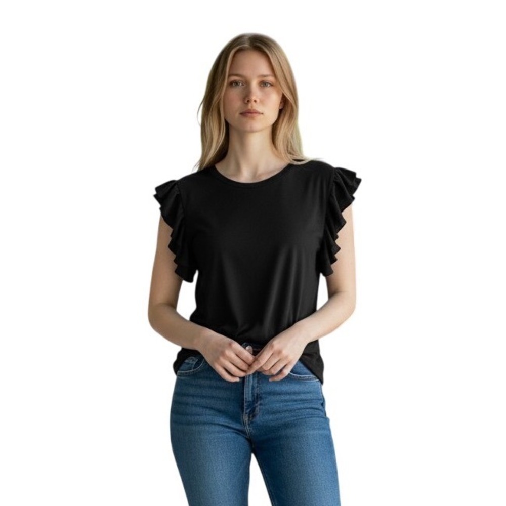 Vince Camuto Afterglow Ruffle Sleeve Top Rich Black 9131696J Womens Small NWT